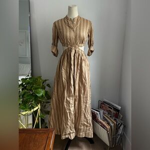 Striped Tan Maxi Shirt Dress with Cutout Waist